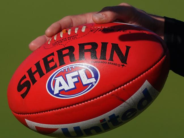 A Sherrin football is seen during an AFL Magpies training session at Holden Centre in Melbourne, Friday, May 22, 2020. (AAP Image/Michael Dodge) NO ARCHIVING