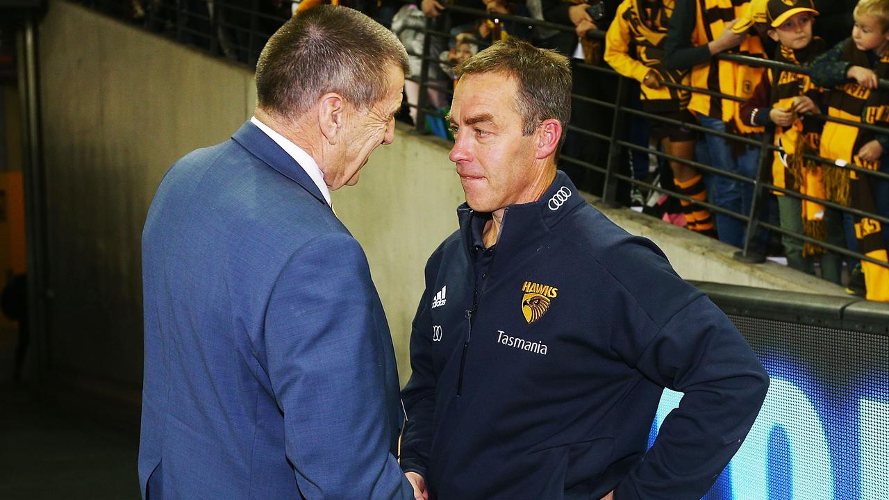 MELBOURNE, AUSTRALIA - JULY 22: Hawks head coach Alastair Clarkson (R) celebrates the win with Hawks President Jeff Kennett during the round 18 AFL match between the Carlton Blues and the Hawthorn Hawks at Etihad Stadium on July 22, 2018 in Melbourne, Australia. (Photo by Michael Dodge/Getty Images)