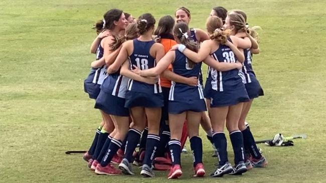 St Aidan’s Anglican Girls’ School open hockey side does a jig after beating Brisbane Girls Grammar School at Spring Hill. Picture: Supplied