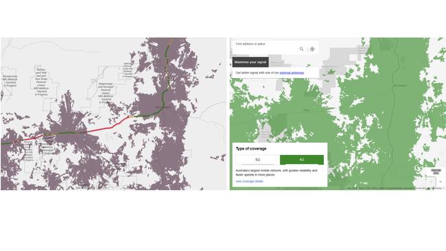 Accenture's drive testing (left) shows sections of the between Yalgoo to Mount Magnet in Western Australia cannot receive a Telstra signal. But Telstra's map (right) shows coverage can be accessed with an external antenna.