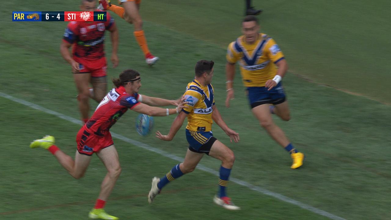 Mitch Moses channels Benji Marshall with a flick pass that led to the Eels’ first try.