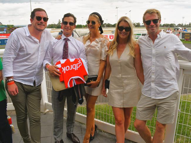 From left to right: Hamish Macdonald, trainer Michael Kent Jr, Ali Kent, Samantha Tierney and Brad Cunningham enjoying all the action at the Ladbrokes Cranbourne Cup on Saturday, November 23, 2024. Picture: Jack Colantuono