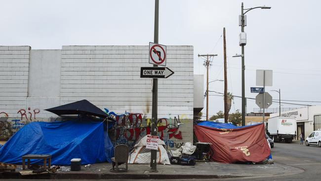 Tents line the streets in the Skid Row neighbourhood of LA which is reportedly home to up to 5,000 homeless people every night. Picture: Angus Mordant/News Corp Australia