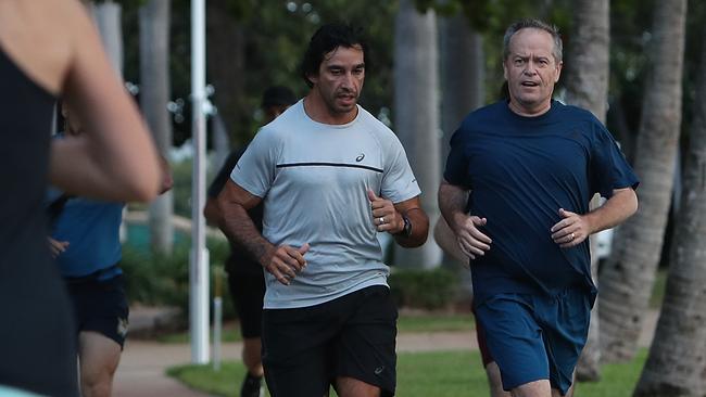 Shorten and former NRL player Jonathan Thurston on a morning run in Townsville, during the election campaign. Picture: Kym Smith