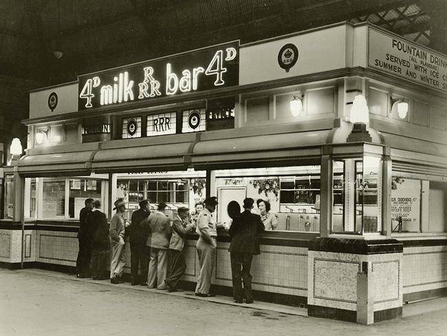 Back in the days when you could buy malted milk shakes, hot grills, soup, sandwiches, cold meats and beef tea at the RRR ‘4d’ milk bar at Central, 1946. Picture: NSW State Archives