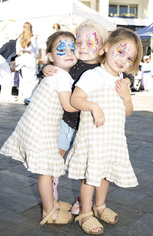 Mikhali Astri-Ellis, 3, Lola Wilson, 3 and Baylah Astri-Ellis, 3, at CronullaFest at Cronulla on the 09/09/2023. Picture: Daily Telegraph/ Monique Harmer