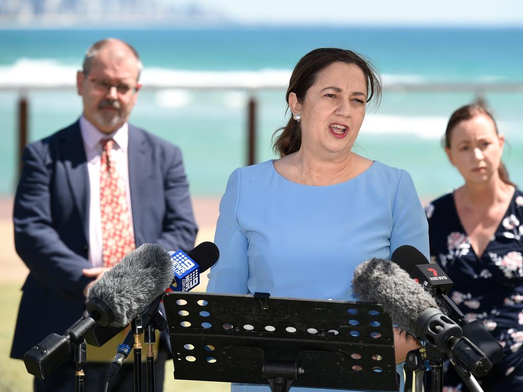 Premier Annastacia Palaszczuk announcing the state’s new border pass system. Picture: Matt Roberts/Getty Images