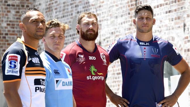 BRISBANE, AUSTRALIA - FEBRUARY 11:  (L-R) Christian Lealiifano of the Brumbies, Michael Hooper of the Waratahs, Scott Higginbotham of the Reds and Adam Coleman of the Rebels pose for a photo during the 2018 Super Rugby Season Launch at Brisbane Powerhouse on February 11, 2018 in Brisbane, Australia. (Photo by Bradley Kanaris/Getty Images)