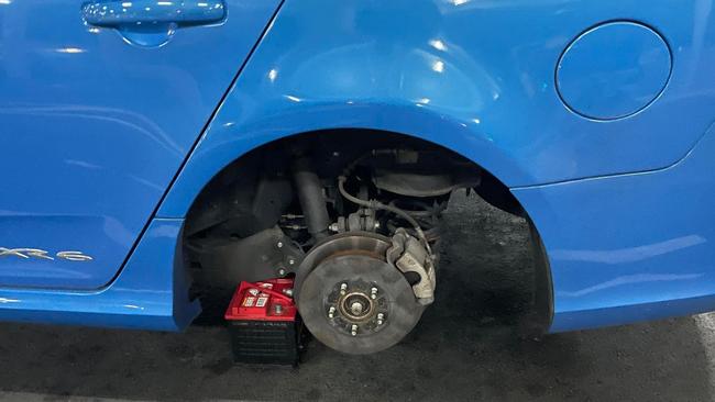 Two tyres had been taken from a car parked at Booval Fair Shopping Centre. Picture: Supplied