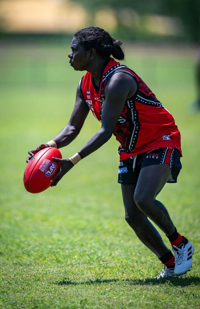 Tiwi Bomber Jamie Lee Puautjimi kicked three goals against Wanderers in Round 13 of the 2024-25 season. Picture: Patch Clapp / AFLNT Media