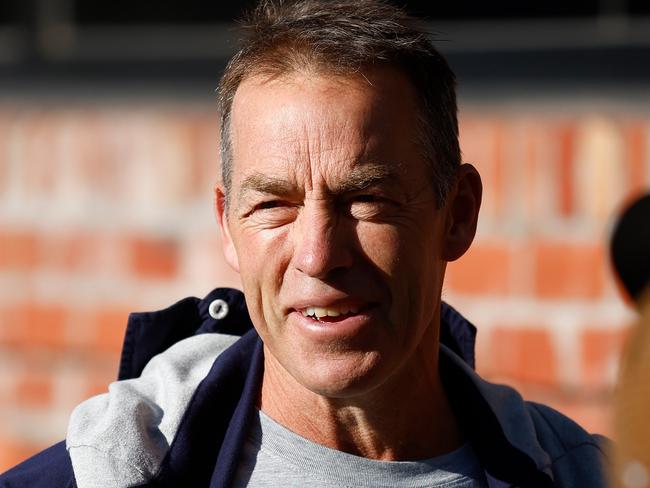 MELBOURNE, AUSTRALIA - JULY 18: Alastair Clarkson, Senior Coach of the Kangaroos speaks with media at Arden Street on July 18, 2023 in Melbourne, Australia. (Photo by Michael Willson/AFL Photos via Getty Images)