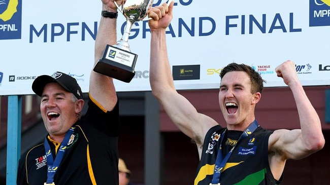 Matt Price (left) lifts the 2023 MPFNL Division 1 cup. Picture: Josh Chadwick