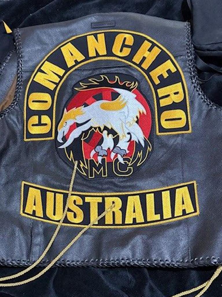 The Aldinga Beach man was allegedly wearing this Comanchero vest when he was arrested. Picture: SAPOL