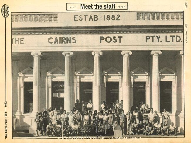 Cairns Post staff outside the Abbott St office in December, 1981. The building was erected in 1908 and was home to the newspaper until 2022. The current office is on 111 Grafton St. Picture: Cairns Post archive
