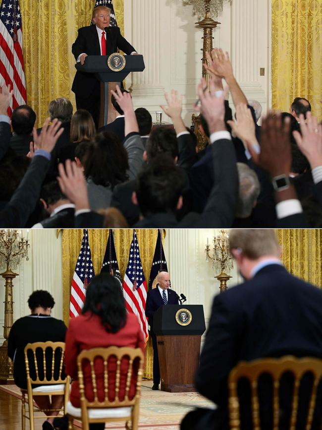 Then President Donald Trump (top) taking questions from reporters during a news conference in February 2017 and US President Joe Biden (bottom) during his first press briefing in the same East Room today.