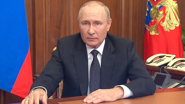 Russian President Vladimir Putin during a televised address to the nation in Moscow last year. Picture: Kremlin handout/AFP