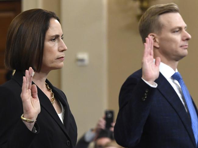 Former White House national security aide Fiona Hill, and David Holmes, a US diplomat in Ukraine, are sworn in to testify before the House Intelligence Committee on Capitol Hill. Picture: AP