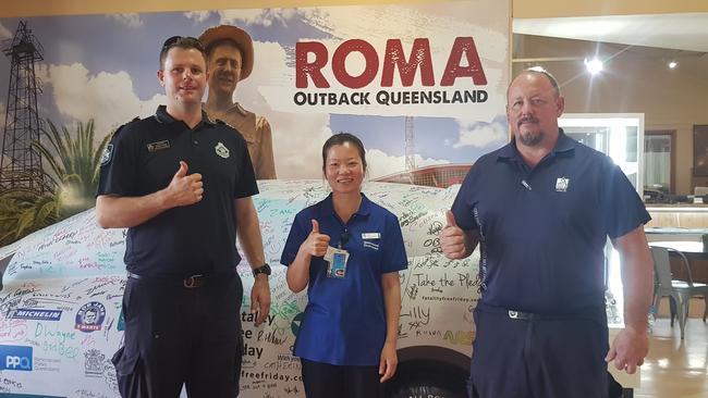 Coffee with a cop in Roma at Beck’s chopping board on August 26. Left to right: Sergeant Daniel Clarke, Lily Xu, Sergeant Dion Horn.