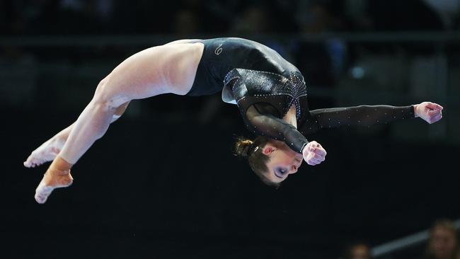 Lauren Mitchell competes in the women's beam during the Australian Gymnastics Championships held at Hisense Arena on Sunday. Picture: Hamish Blair