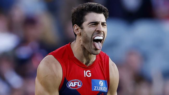 MELBOURNE , AUSTRALIA. March 23 , 2024. Hawthorn vs Melbourne at the MCG . Christian Petracca of the Demons celebrates a 3rd quarter goal . Pic: Michael Klein