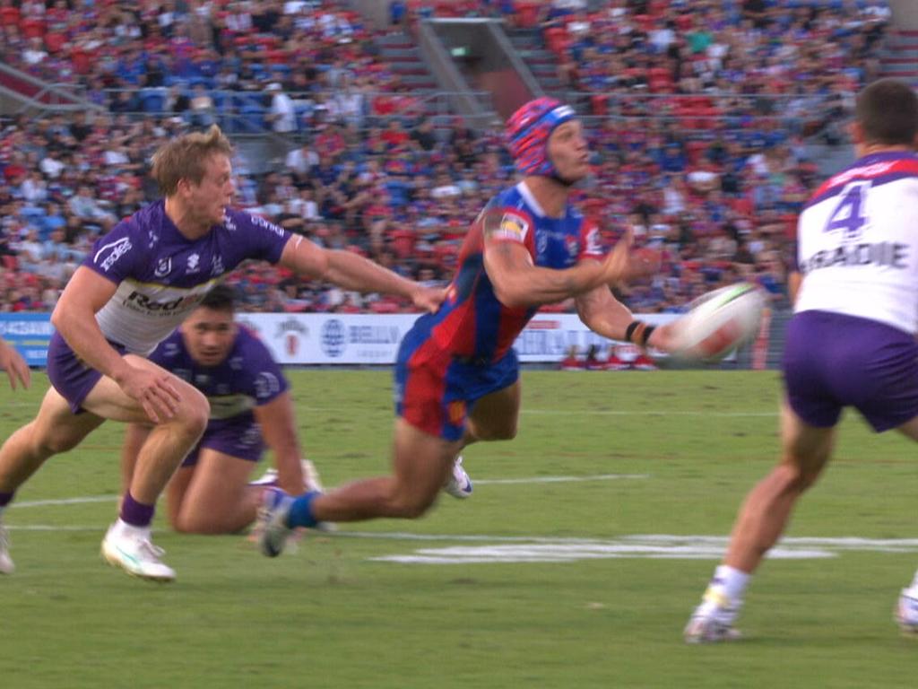 Kalyn Ponga's freakish pass to set up a try.