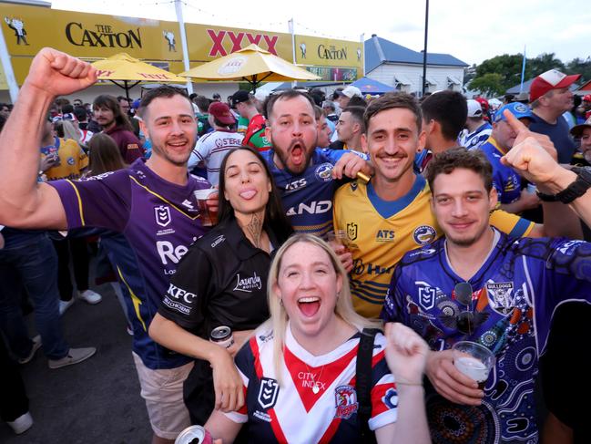 L to R, Tyson Murray, Kiarn Moeke, Zac Hayward, Jess Clarke (front), Jacob Andrews, Carmine Barone, in the carpark bar at Caxton Hotel for NRL Magic Round, Caxton St, Spring Hill Brisbane - on Friday 2nd May  2025 - Photo Steve Pohlner