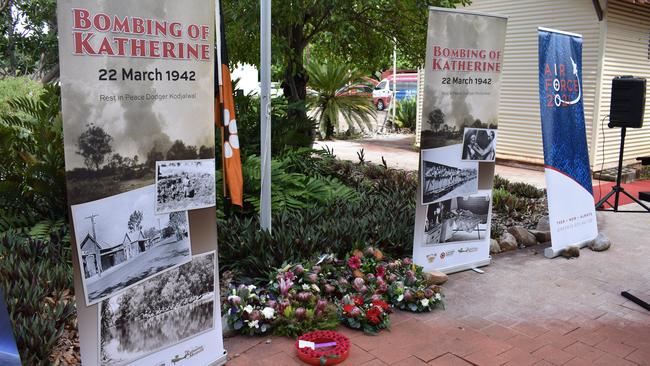 Wreaths laid during the commemoration ceremony today for the 79th anniversary of the Bombing of Katherine. Picture: Katherine Town Council