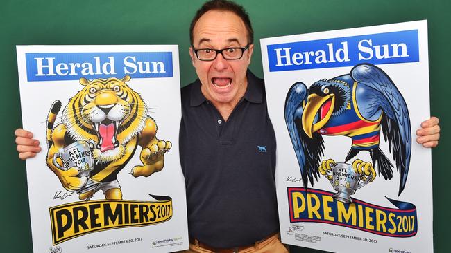 Mark Knight reveals his 2017 Premiership Poster designs for the Tigers and Crows. Picture: Tony Gough