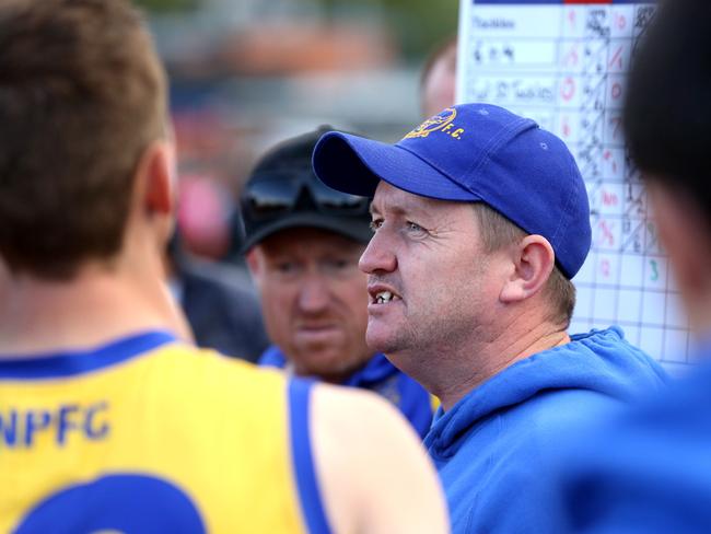 Noble Park coach Steve Hughes work the huddle. Picture: Stuart Milligan