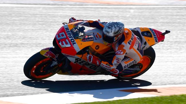 Marc Marquez takes a curve during a MotoGP practice session of the Valencia GP.