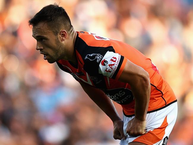 SYDNEY, AUSTRALIA - MARCH 05: Luke Brooks of the Wests Tigers looks on during the round one NRL match between the Wests Tigers and the Gold Coast Titans at Leichhardt Oval on March 05, 2023 in Sydney, Australia. (Photo by Cameron Spencer/Getty Images)