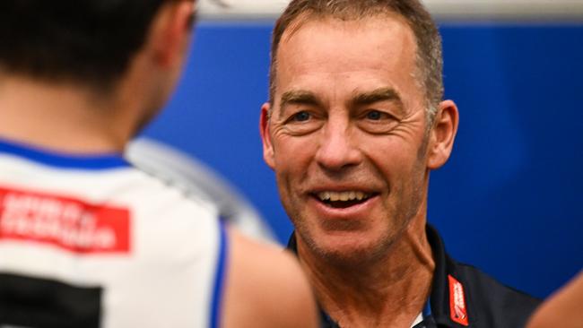 PERTH, AUSTRALIA - JUNE 08: Alastair Clarkson, Senior Coach of the Kangaroos is happy with thew in during the 2024 AFL Round 12 match between the West Coast Eagles and the North Melbourne Kangaroos at Optus Stadium on June 08, 2024 in Perth, Australia. (Photo by Daniel Carson/AFL Photos via Getty Images)