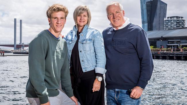 Dylan Stephens with his parents, Rob and Ollie, in Melbourne ahead of the AFL Draft. Picture: Jake Nowakowski