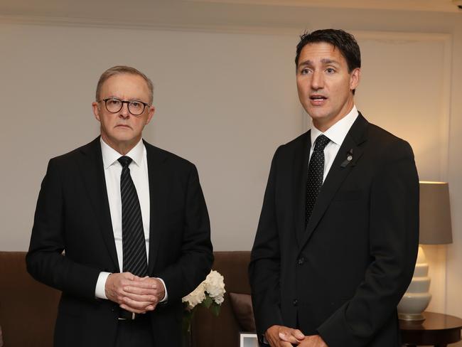 Anthony Albanese and Justin Trudeau spoke about Australia and Canada’s “common history” ahead of the Queen’s funeral. Picture: Ella Pellegrini.