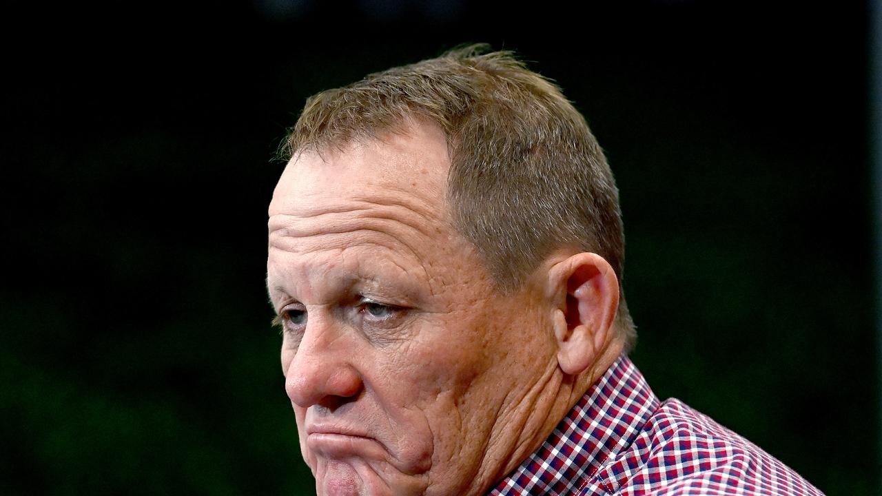 BRISBANE, AUSTRALIA - JUNE 17: Coach Kevin Walters of the Broncos looks dejected as he speaks at a press conference after the round 15 NRL match between the Brisbane Broncos and the South Sydney Rabbitohs at Suncorp Stadium, on June 17, 2021, in Brisbane, Australia. (Photo by Bradley Kanaris/Getty Images)