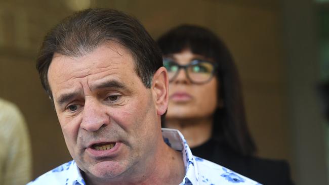 CFMMEU Victorian secretary John Setka apologising outside the Melbourne Magistrates Court for his conduct towards her. Picture: AAP Image/Julian Smith