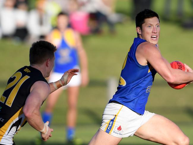 Thomas Wilson and Jackson Sketcher in action during theEFL (Div 1) Balwyn v Noble Park football match in Balwyn, Saturday, June 9, 2018.Picture: Andy Brownbill