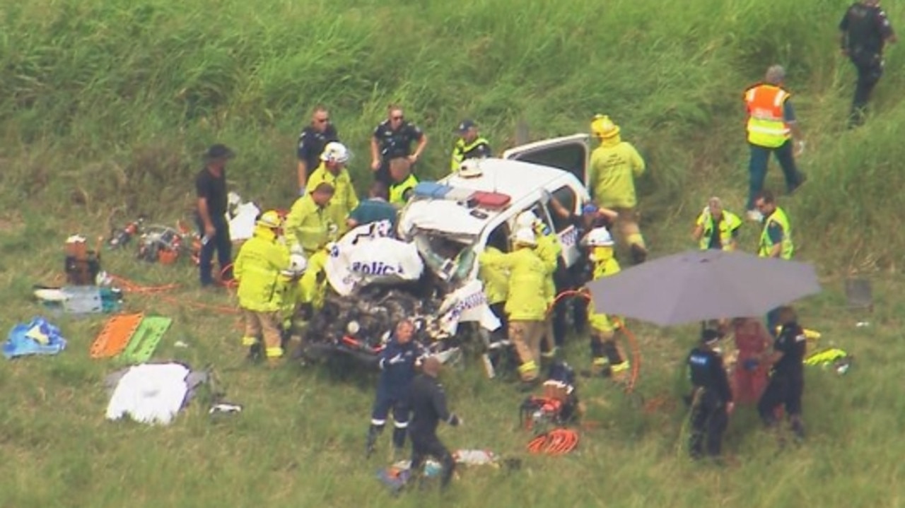 Firefighters were forced to help extricate the officer from the vehicle. Picture: 9 News