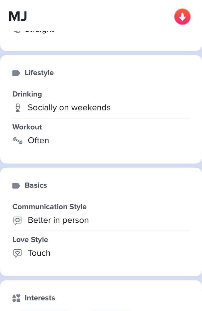 The profile preferences a love style of “touch”. Picture: Tinder