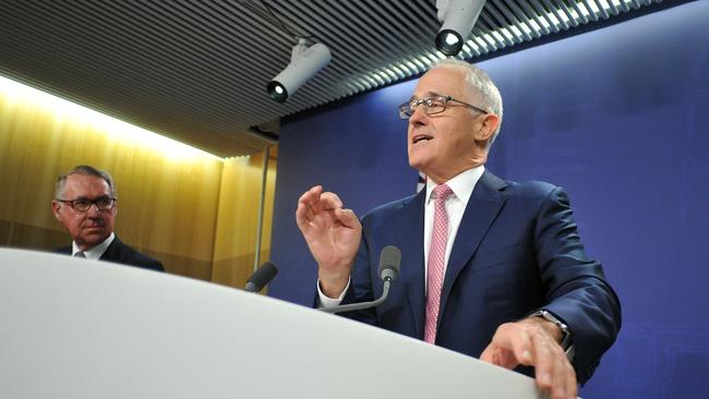 David Gonski looks on as Prime Minister Malcolm Turnbull makes the announcement. Picture: AAP Image/Joel Carrett