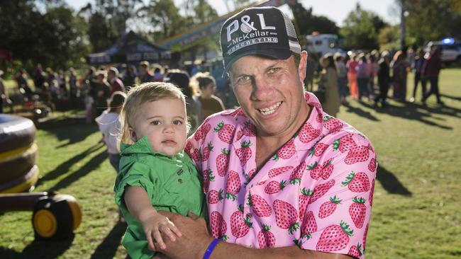 Cliffy Moodie with his dad Cam Moodie at Sadie's Day Out, a special community event to celebrate the life of five-year-old crash victim Sadie, held at Cambooya State School, Saturday, June 7, 2025. Picture: Kevin Farmer