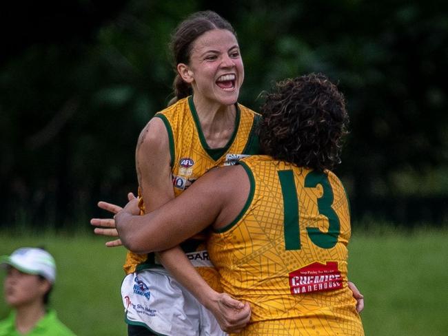 Stark celebrates with St Mary’s teammate Roslyn Starr after a Saints goal. Picture: Warren Leyden.