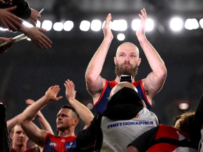 Max Gawn, of the Demons, leads the team down the race after the round 20 match between Richmond and Melbourne at the MCG in Melbourne. Picture: Michael Klein