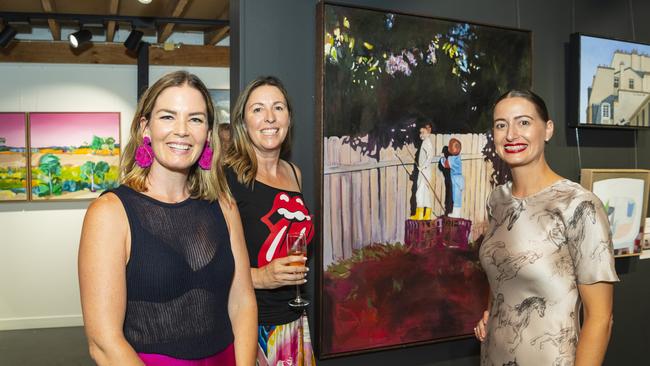 The Next Big Thing 2024 winner Sydney-based artist Chantelle Stewart (left) with her winning work Life of Reilly and The Toowoomba Gallery owners Bec Statton (centre) and Niki Hall, Friday, March 1, 2024. Picture: Kevin Farmer