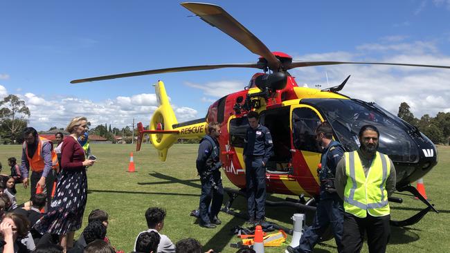 The Victorian Westpac Lifesaver Rescue Helicopter visited Noble Park English Language School and Hampton Park Secondary College students on Wednesday afternoon. Source: Lifesaving Victoria