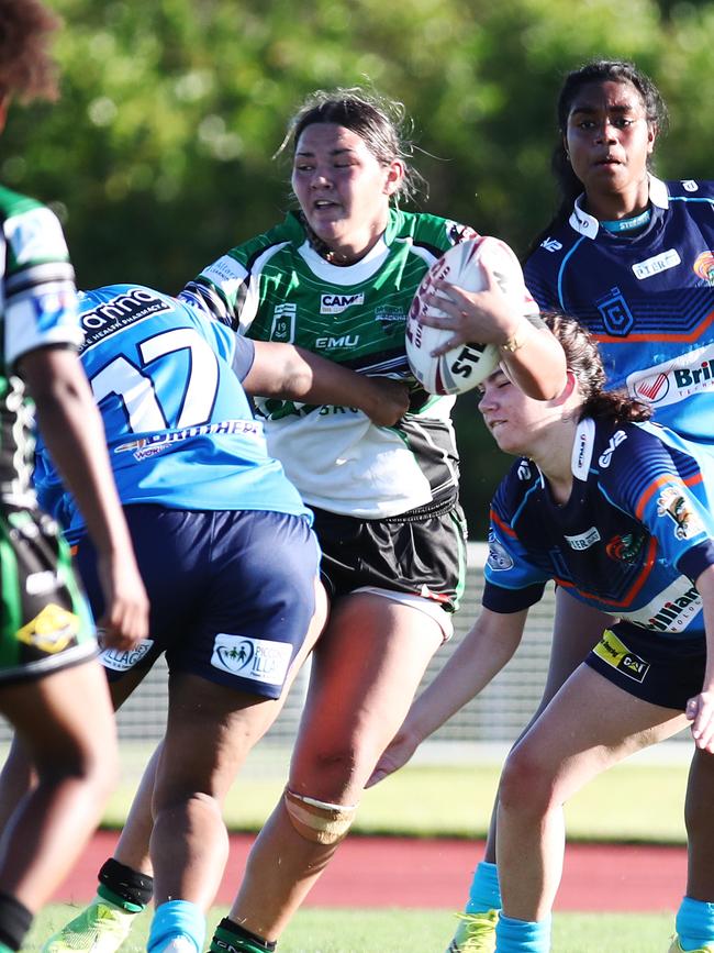 Blackhawks captain Jordii Mahendrarajah takes the ball up in the QRL Under 19s women's match between the Northern Pride and the Townsville Blackhawks, held at Barlow Park. Picture: Brendan Radke