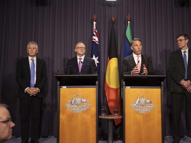 Anthony Albanese and Richard Marles flanked by Stephen Smith, left, and Angus Houston, right, at the press conference to announce the Defence Strategic Review. Picture: NCA NewsWire/Gary Ramage