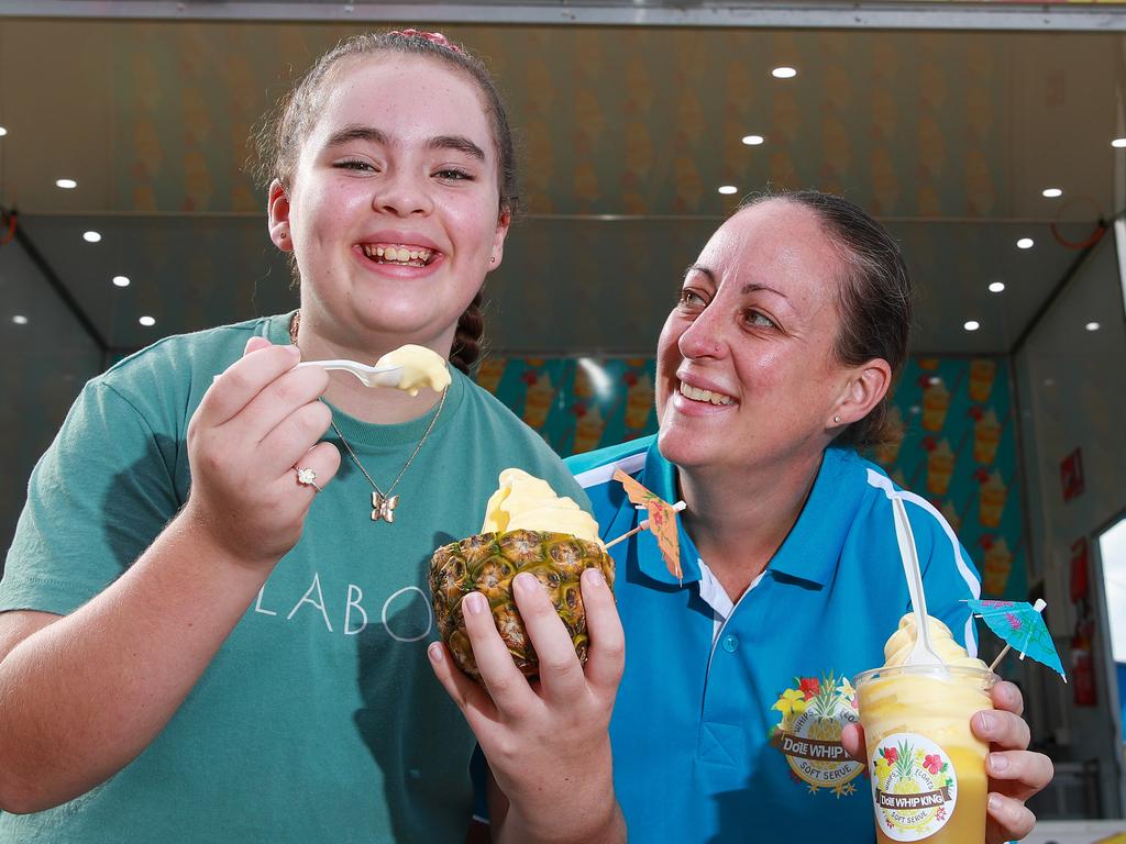 Lauren Foster, 10, with her mum Sarah and the new Dole Whip at the Royal Easter Show, Homebush, that opens this Thursday. Picture:Justin Lloyd.