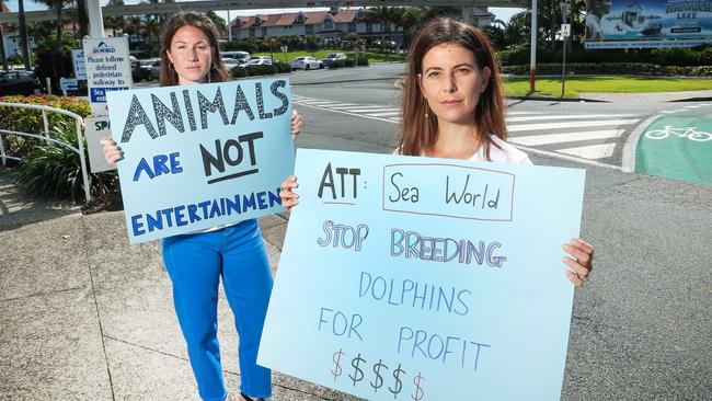 Ready to protest: Katie Hunter and Jordan Sosnowski outside Sea World. Picture: Nigel Hallett