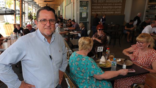 Lincoln Testa, owner of Madison's cafe in Broadbeach, is desperate for staff as some Gold Coasters choose to get government payments rather than a job. Picture Glenn Hampson